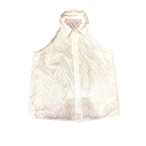CCC Sheer Beige White Sleeveless Halter Blouse Leaf Pattern Button Up Front Med - Picture 5 of 8